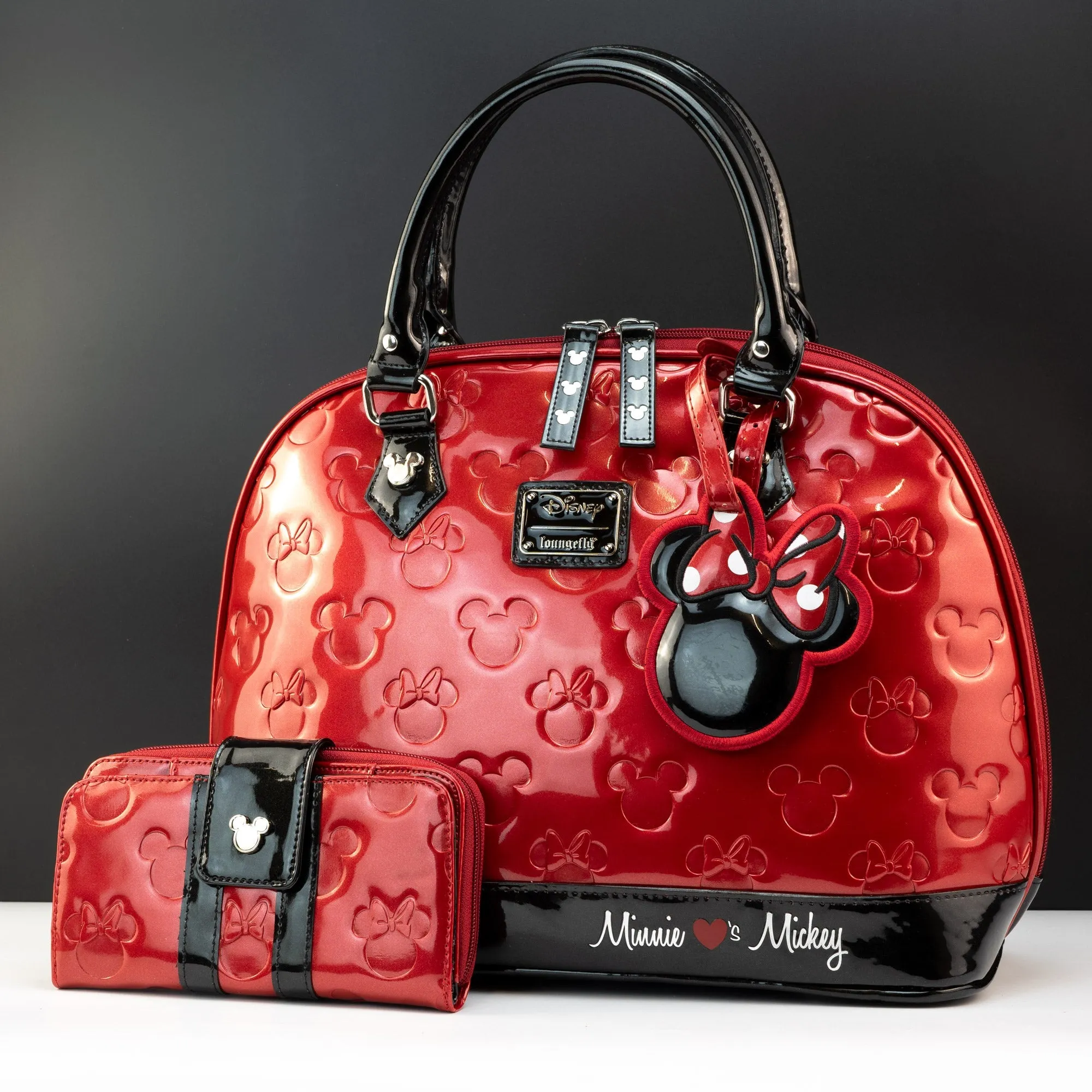 Loungefly x Disney Mickey and Minnie Mouse Red Embossed Silhouettes Tote Bag