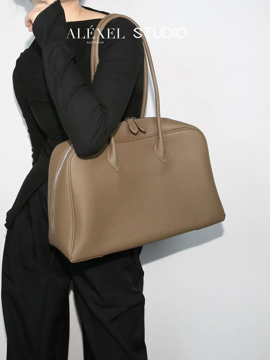 Luxury Togo Genuine Leather Boston Tote Bag for Women, Designer-Inspired Bowling Style, Large Laptop Commuter Bag