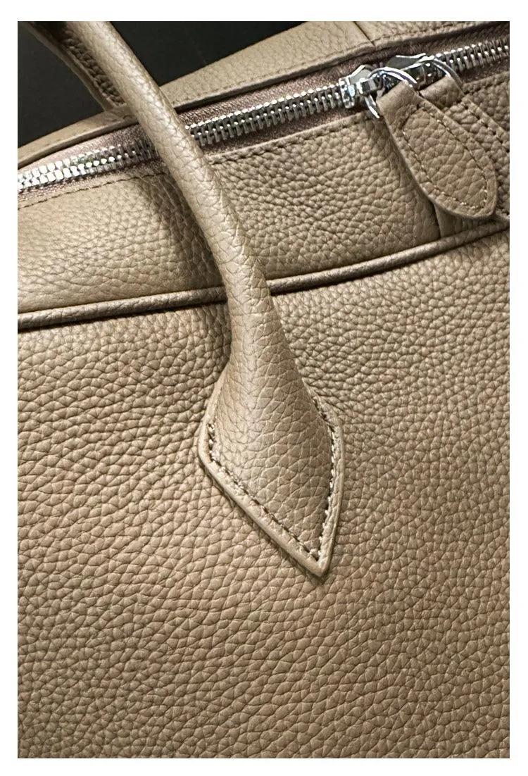 Luxury Togo Genuine Leather Boston Tote Bag for Women, Designer-Inspired Bowling Style, Large Laptop Commuter Bag