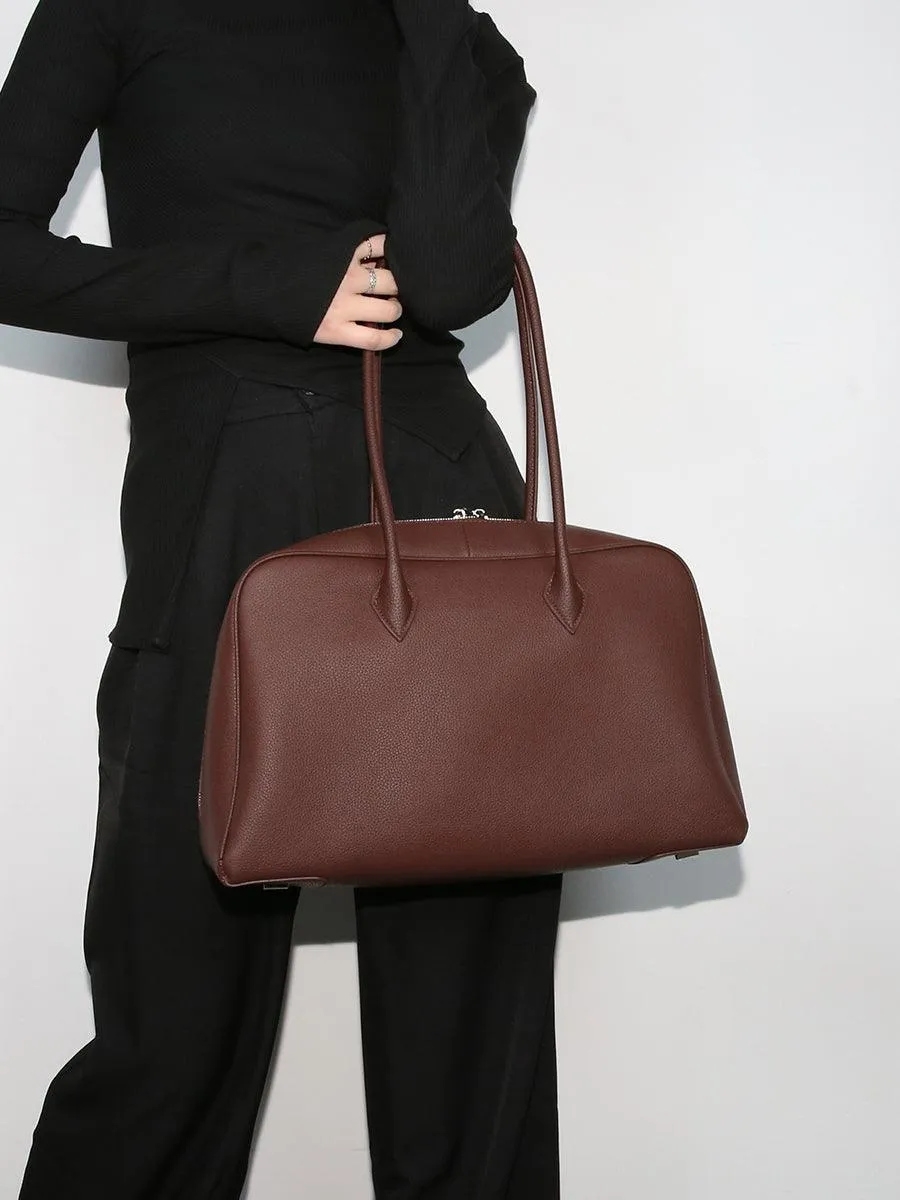 Luxury Togo Genuine Leather Boston Tote Bag for Women, Designer-Inspired Bowling Style, Large Laptop Commuter Bag