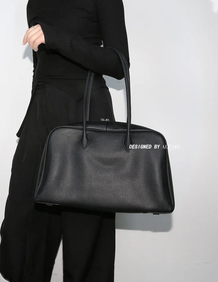 Luxury Togo Genuine Leather Boston Tote Bag for Women, Designer-Inspired Bowling Style, Large Laptop Commuter Bag