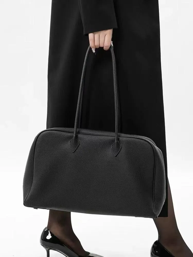 Luxury Togo Genuine Leather Boston Tote Bag for Women, Designer-Inspired Bowling Style, Large Laptop Commuter Bag
