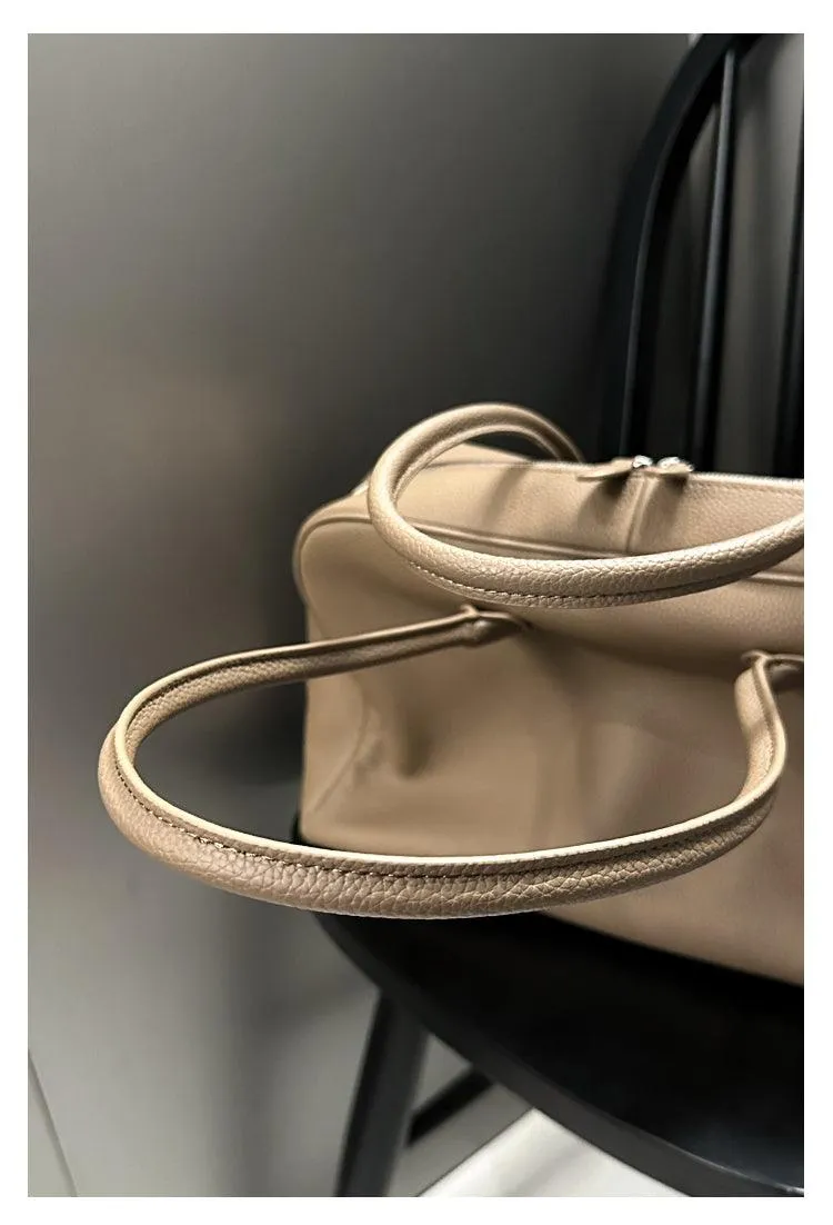 Luxury Togo Genuine Leather Boston Tote Bag for Women, Designer-Inspired Bowling Style, Large Laptop Commuter Bag