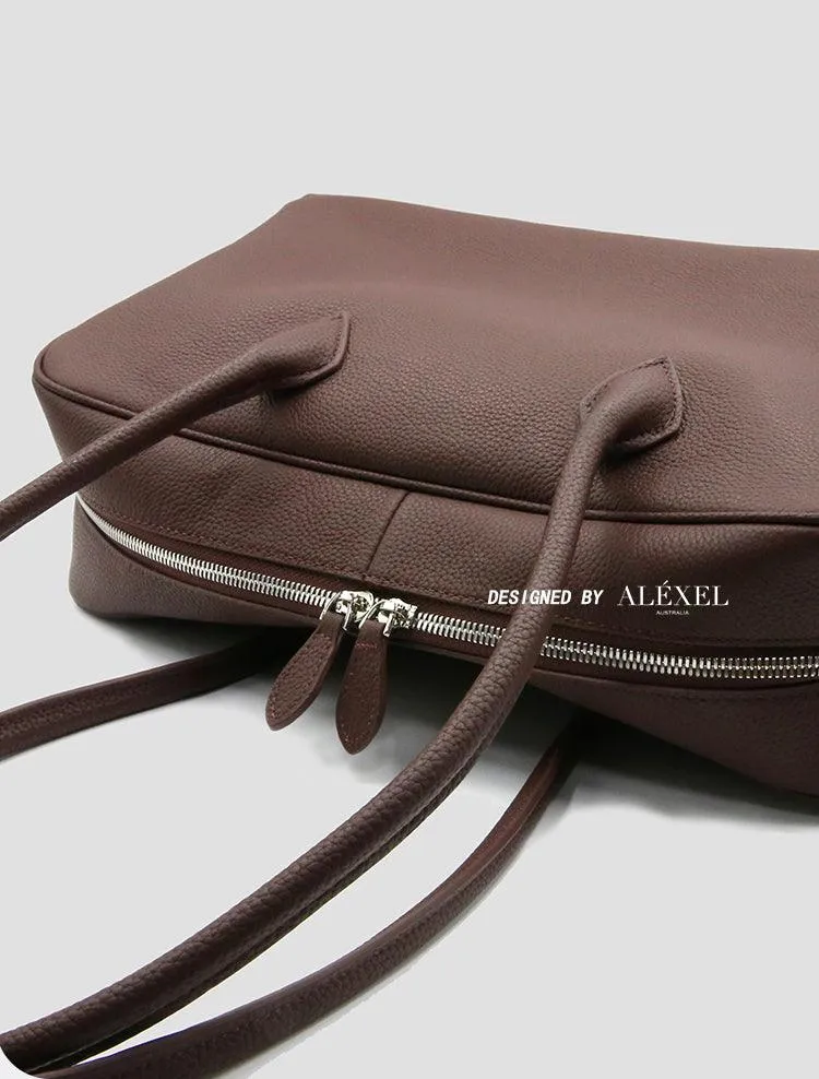 Luxury Togo Genuine Leather Boston Tote Bag for Women, Designer-Inspired Bowling Style, Large Laptop Commuter Bag