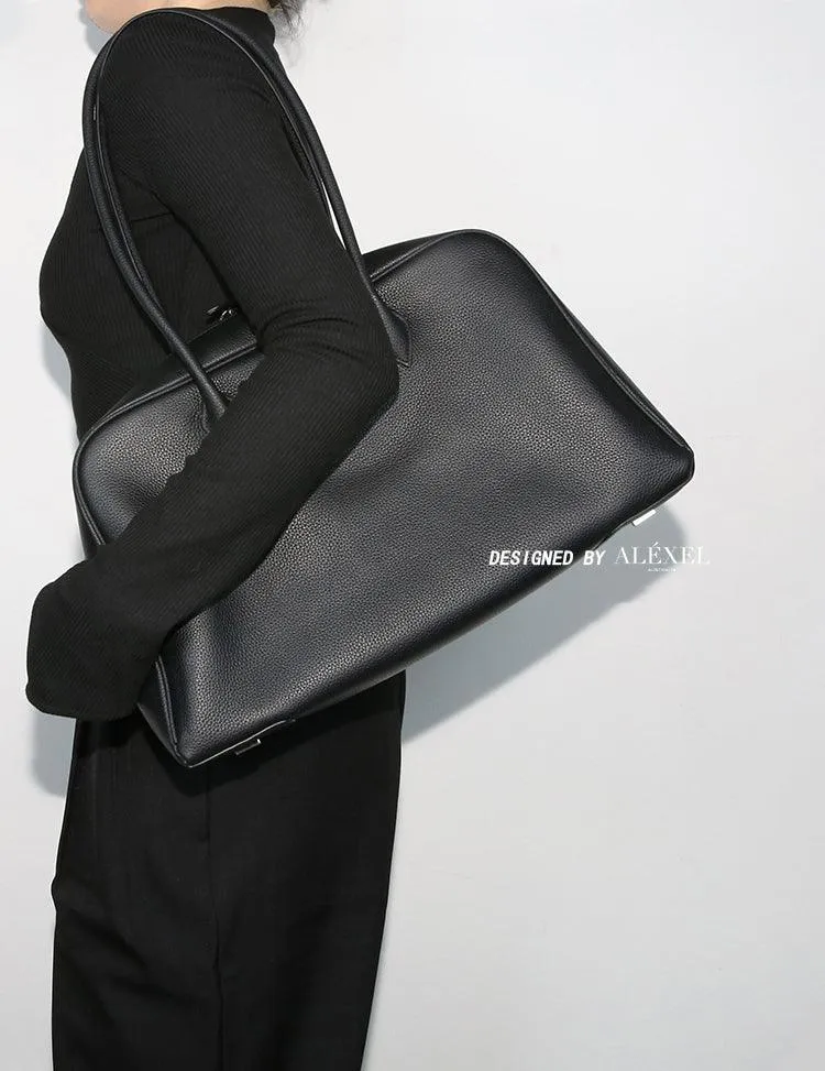Luxury Togo Genuine Leather Boston Tote Bag for Women, Designer-Inspired Bowling Style, Large Laptop Commuter Bag