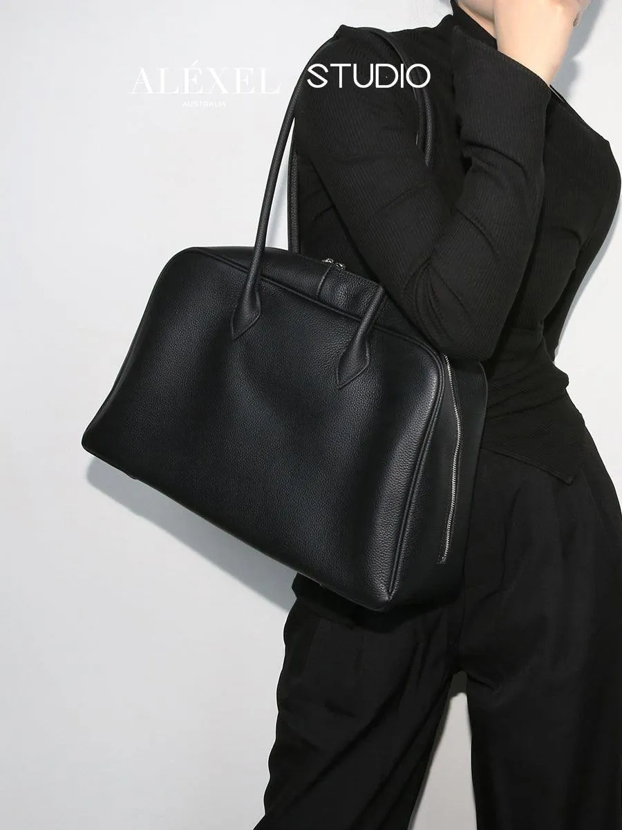 Luxury Togo Genuine Leather Boston Tote Bag for Women, Designer-Inspired Bowling Style, Large Laptop Commuter Bag