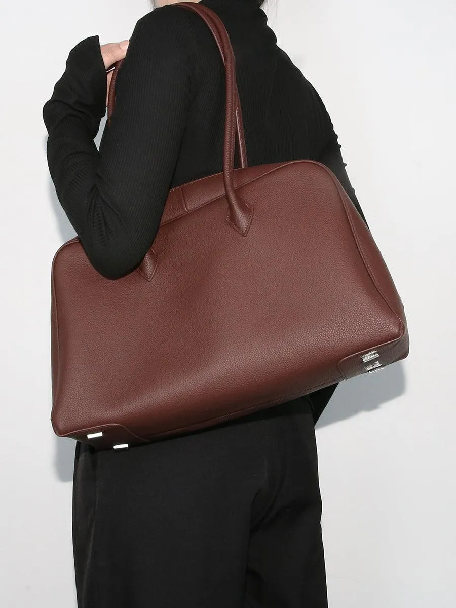 Luxury Togo Genuine Leather Boston Tote Bag for Women, Designer-Inspired Bowling Style, Large Laptop Commuter Bag