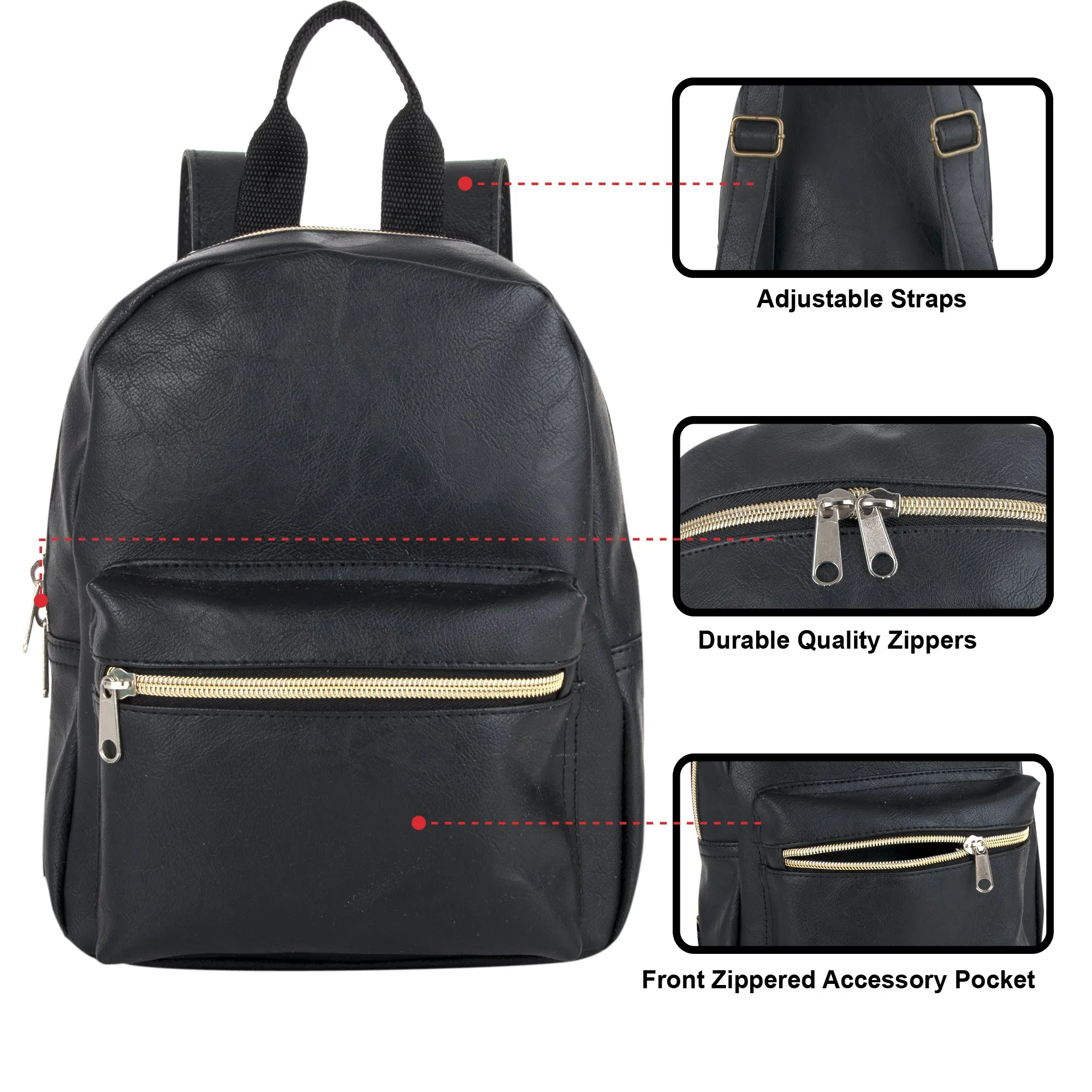 Mini Backpack 10 Inch Black Vinyl With Front Zipper Pocket