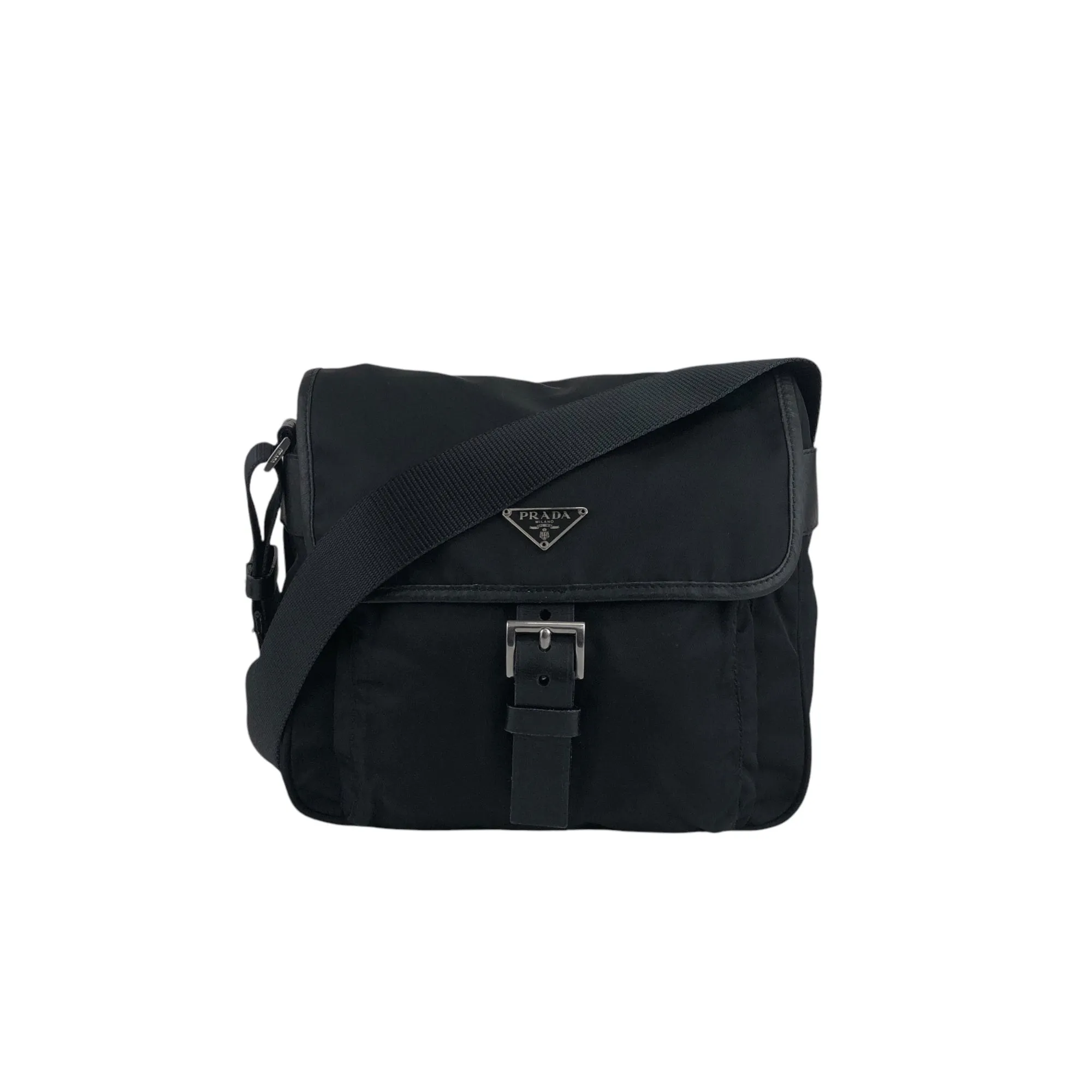 PRADA Triangle Logo Front Buckle Shoulder bag Black Vintage 5spz5k