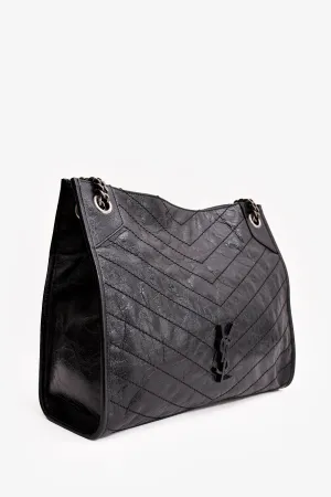 Saint Laurent Black Crinkled Leather Large Shoulder Bag