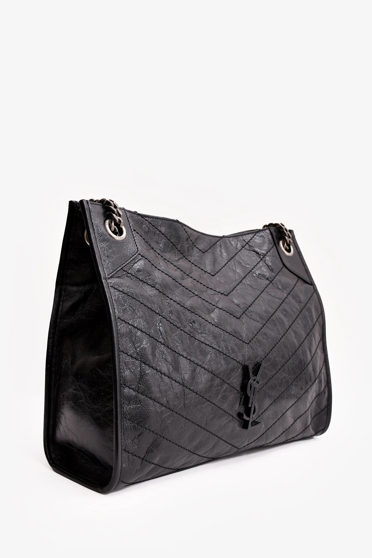 Saint Laurent Black Crinkled Leather Large Shoulder Bag