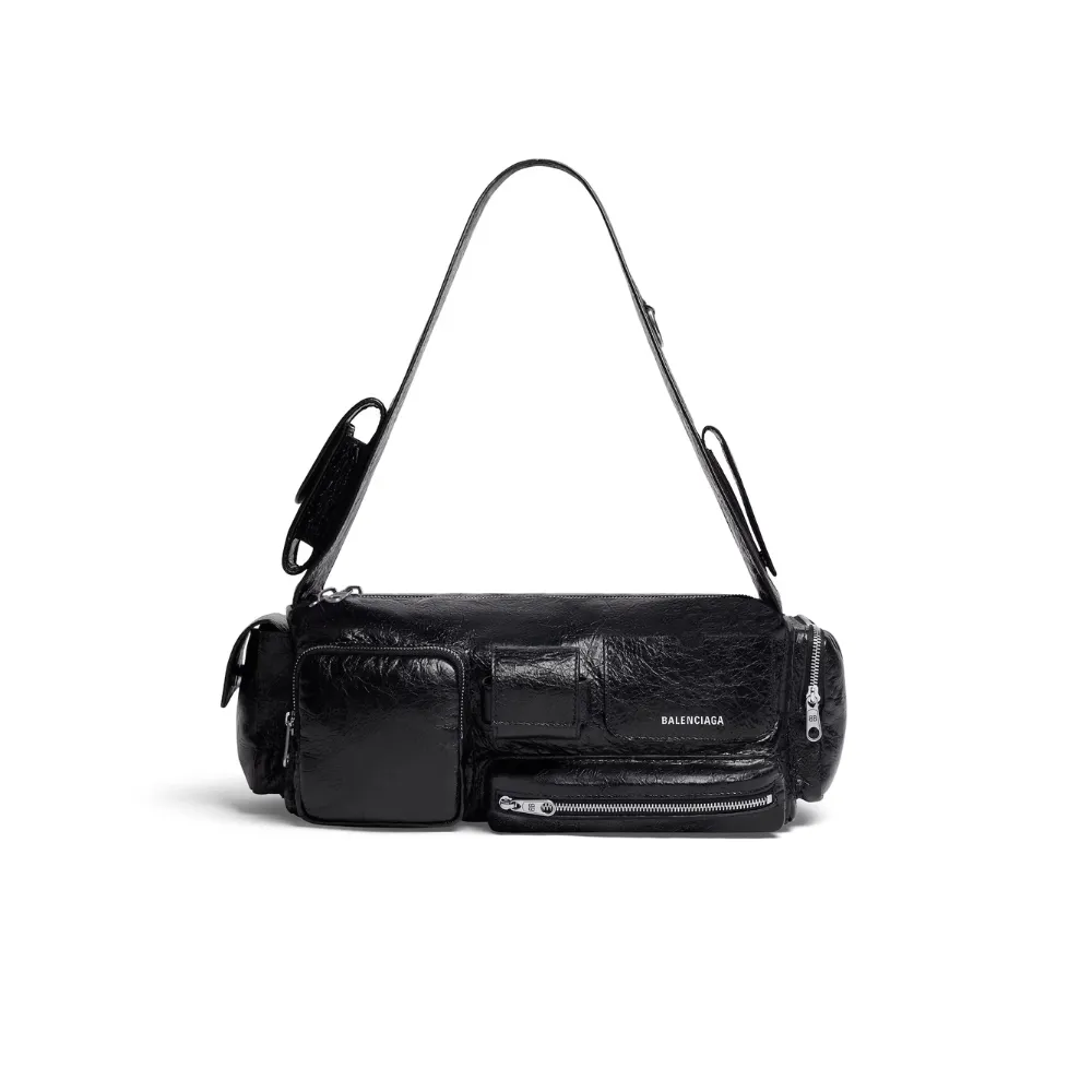Superbusy Small Sling Bag in Black Leather Shoulder Bag for Men