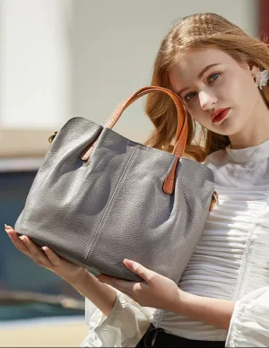 Two Tone Pebbled Leather Commuter Shoulder Bag for Women, Soft Genuine Leather Slouchy Shoulder & Handbag